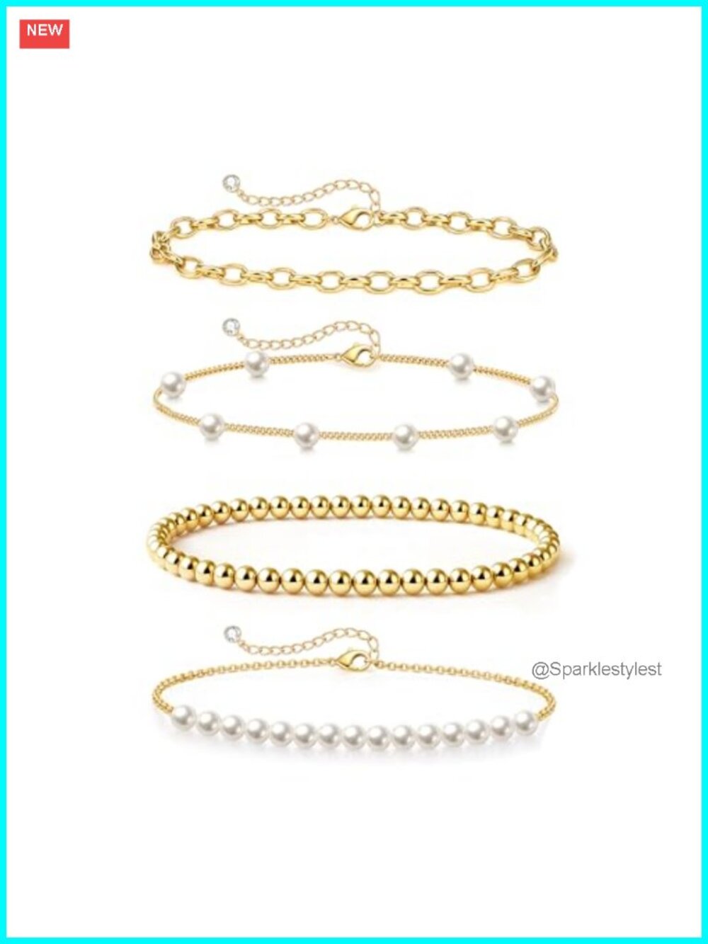 14K Gold Plated Pearl Beaded Bracelet Set Paperclip Link Stackable